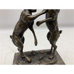 Bronze figure group, modelled as two male hares boxing, raised upon marble plinth base, with foundry mark, H24cm