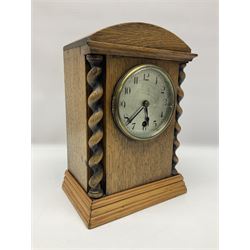 Walker and Hall silver plated tea set, comprising coffee pot, teapot, milk jug and sucrier, together with silver plated tray and a wooden clock with barley twist decoration, clock H28cm