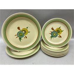 Wilkinson Clarice Cliff honeydew pattern tea service for eight, comprising teapot, milk jug, open sucrier, teacup and saucers, dessert plates and two side plates (29)