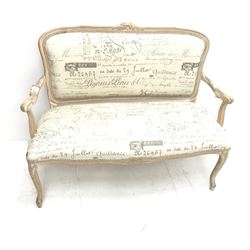 Two seat French style settee, beech framed, on cabriole supports, W114cm