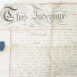 After Thomas Badeslade - series of twenty two reproduction small maps, framed 18th century indenture between Thomas Hyde, citizen and fishmonger and Tobias Hodgson, citizen and joiner of London and a lease regarding property in Soho 1834 