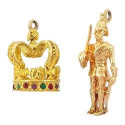 9ct gold crown pendant / charm and a 14ct gold soldier pendant / charm, both hallmarked