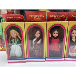 Four Mayfair Products Musical Dolls of Many Lands; original boxes and delivery boxes; and set of twelve Nationality Dolls with Sleeping Eyes; boxed (16)