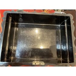 Victorian black lacquered papier-mâché sewing box, of rectangular form with shaped sides, the slightly domed top with inlaid mother of pearl and abalone decoration, the sides with gilt and polychrome painted scrollwork, the hinged cover opening to reveal a fitted interior with lift out tray, H14cm