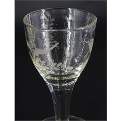 18th century drinking glass of possible Jacobite interest, the rounded bowl engraved with thistle and bird in flight, upon a plain stem and conical foot, H12cm
