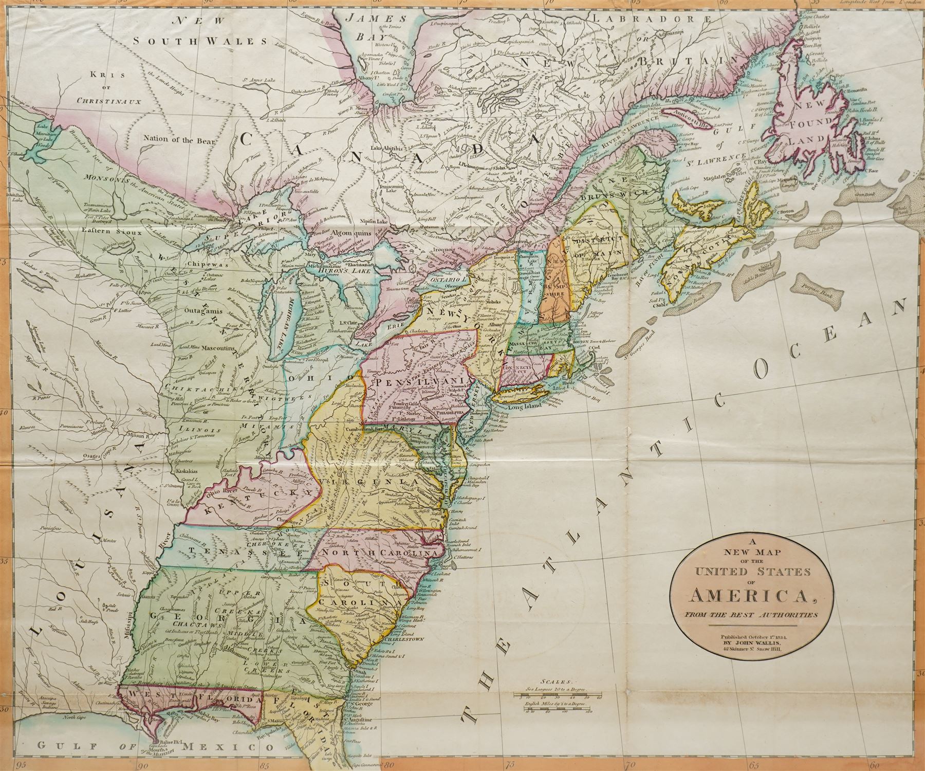 John Wallis (British 1745-1818): 'A New Map of the United States of America', early 19th century engraved map with hand-colouring pub. 1814, 48cm x 57cm