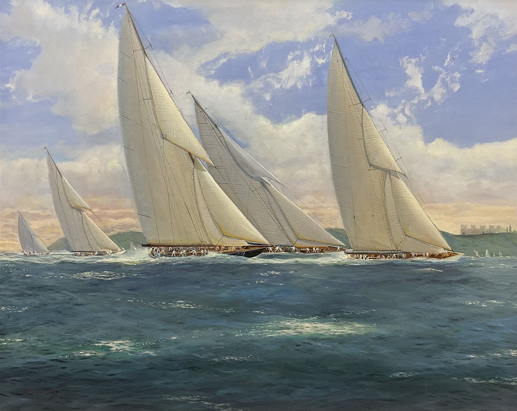 Michael J Whitehand (British 1941-): Racing Yachts off a Castle, oil on canvas signed 79cm x 99cm