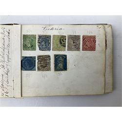 Small 'Postage Stamps' album containing Great British and World stamps, including Queen Victoria penny black with black MX cancel, Norway, Belgium, Sweden, Bayern, Austria, France, Cape of Good Hope etc, almost all of the stamps in this album have been glued onto the album pages