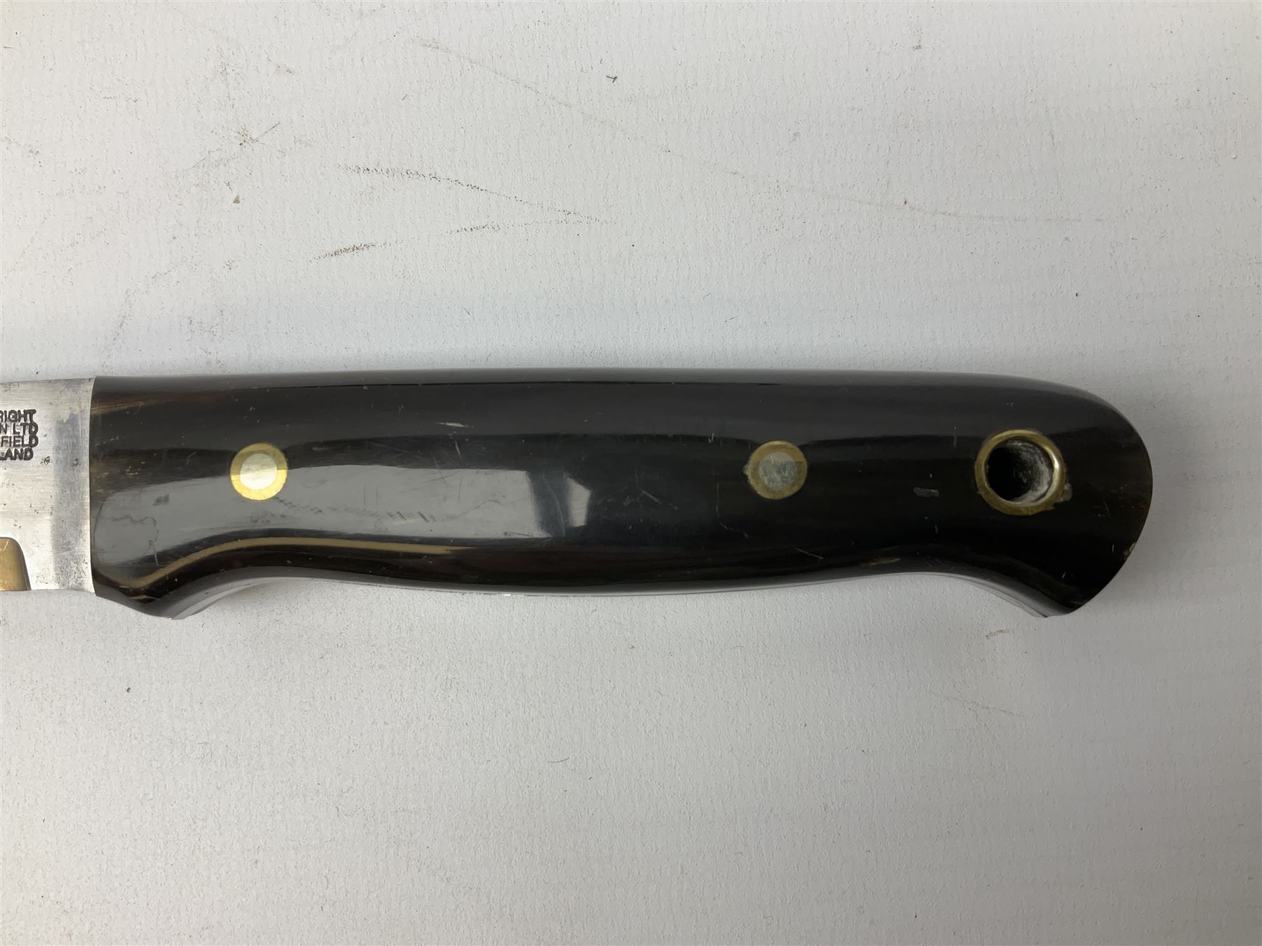 Three hunting knives, each blade marked A. Wright & Sons Sheffield, one with leather handle, one with horn handle and one with antler handle; each with leather sheath (3)