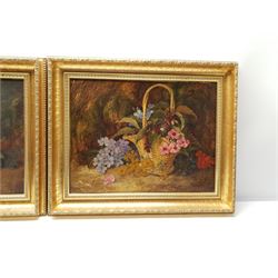 Attrib. Vincent Clare (British 1855-1930): Fruit and Flowers in Wicker Baskets, pair oils on canvas signed 34cm x 45cm (2)