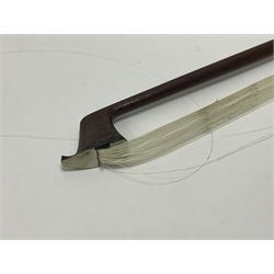 19th century wooden violin bow with a decorative mother of pearl inlay depicting flowers to the frog, with a bone adjuster screw
