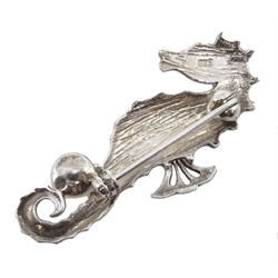 Silver blue enamel, pearl and marcasite seahorse brooch, stamped 925  