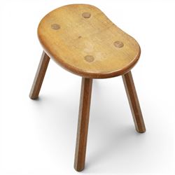 Lizardman - oak milking stool, shaped top with four octagonal supports with carved lizard signature by Derek Slater of Crayke