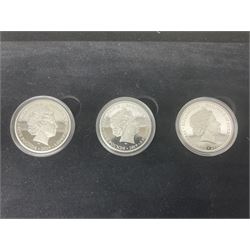 Queen Elizabeth II Channel Islands and Isle of Man silver proof five pound coins, comprising Bailiwick of Jersey 2016 'Lest we Forget', 2019 'D-Day 75th Anniversary' three coin set', Bailiwick of Guernsey 2020 'Florence Nightingale 200th Anniversary' and Isle of Man 2021 'William and Kate Wedding Anniversary', all cased with certificates