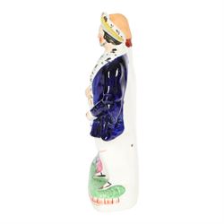 Rare 19th century Staffordshire pottery figure, modelled as Henry VIII and Anne Boleyn, Henry stood on the right and Anne left holding hands, H24.5cm
