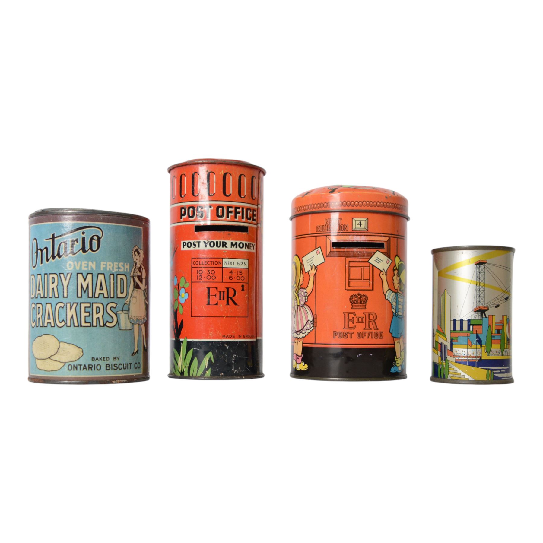 Ten vintage tin plate money boxes, including All American  Toys Mail-Bank, Chad Valley Airwaves Money Box, Chad Valley Post Office Money Box, Canister Co. Ltd Natural No.1 Peas Money Box, etc, tallest H23cm