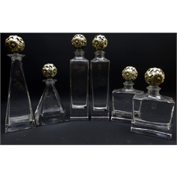  Set of six Italian Collevilca glass square section decanters with silver flower head stoppers by Ottaviani stamped 925, H37cm max (6)  