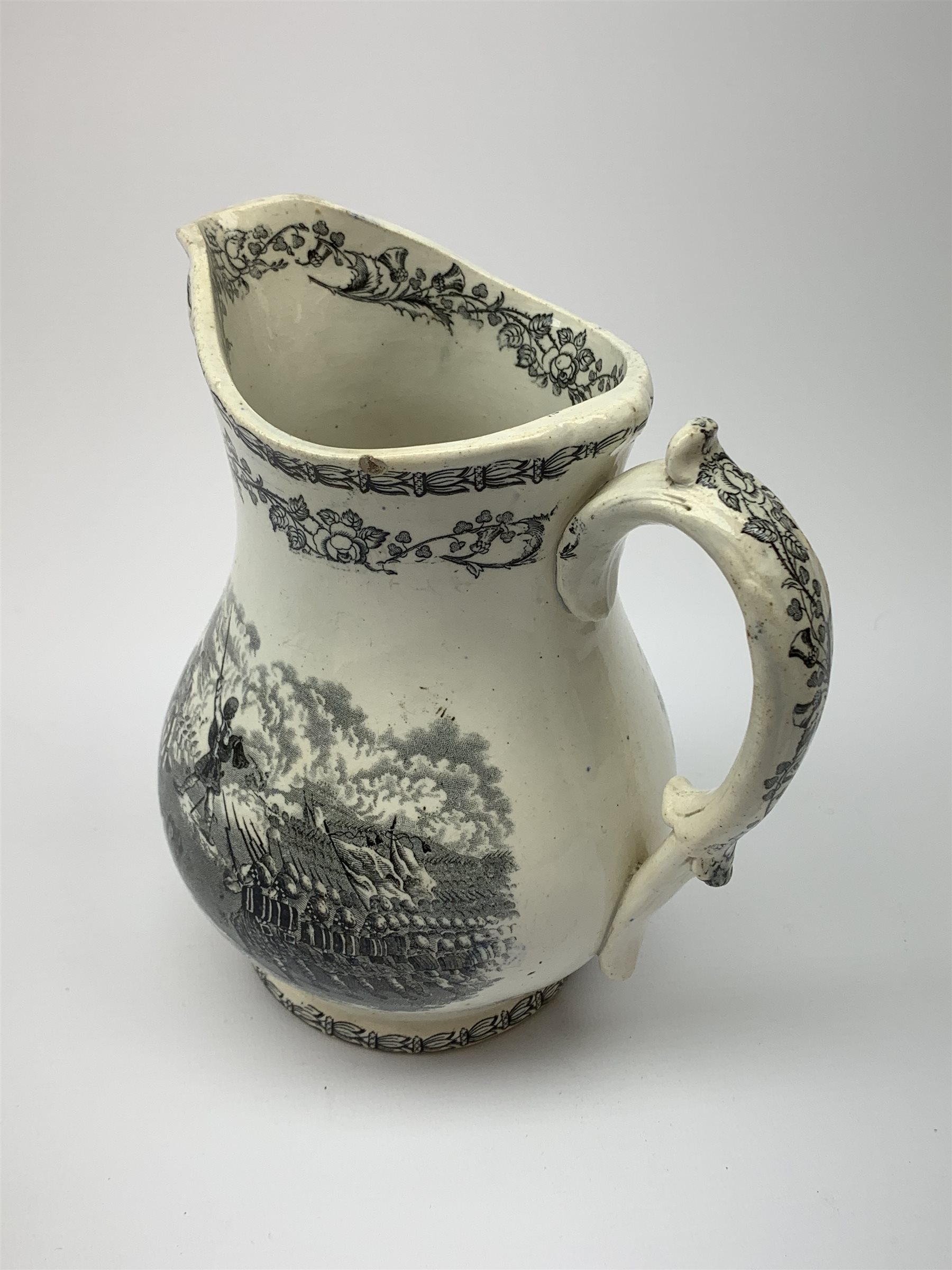 A 19th century Staffordshire pottery pearlware Crimea commemorative jug, black transfer printed with battle scenes, entitled Battle of Alma, Charge of the Highlanders, and Storming the Malakhofi, H18cm. 