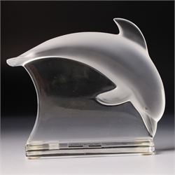 Lalique clear and frosted glass dolphin, label to base W12cm, boxed and a Baccarat blue glass dolphin W16cm  in Mappin & Webb box