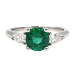  White gold round emerald and pear shaped diamond ring, emerald 1.05 carat  