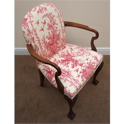  Queen Anne style walnut framed open arm chair upholstered in Raspberry and cream Toile, on cabriole legs, W54cm  