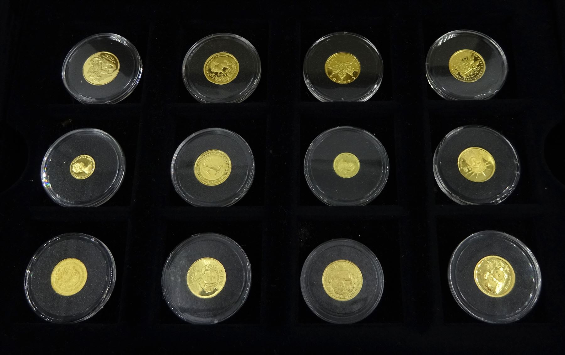 Fifteen gold coins from 'The Smallest Gold Coins of the World Collection', including Isle of Man 1989 1/25 ounce crown, Australia 1991 1/20 ounce five dollars, China 1995 1/20 ounce panda etc