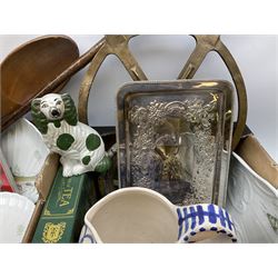 Quantity of ceramics to include serving dish and matching plates decorated with fish, novelty teapot, silver plated cased cutlery, coins, metalware other misc etc