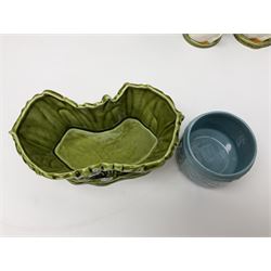 Sylvac budgieregar wall pocket, together with other Sylvac cermics including swan vases, blue tit vase and a frog figure etc, all with printed or impressed marks beneath, and a Poole Pottery cat figure, with printed mark beneath, wall pocket H22cm