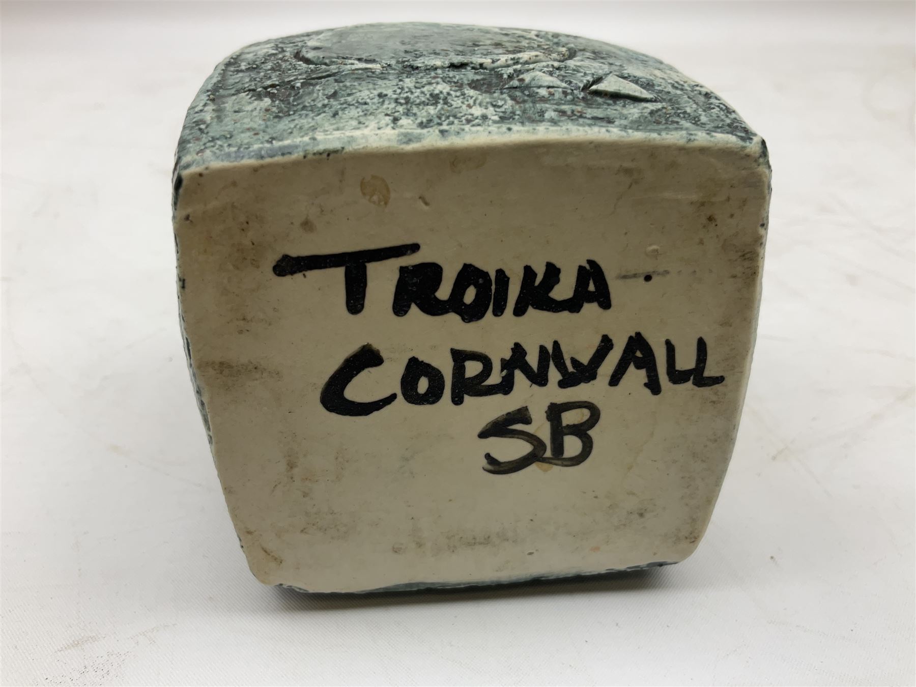 Troika cube vase, designed by Sally Bart, with a geometric design, with painted marks to base, H9.5cm.