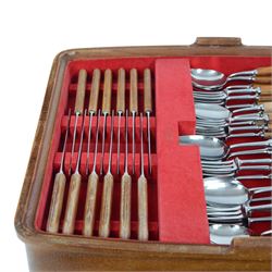 1960's fitted canteen of Sanenwood wooden handled stainless steel cutlery for six covers, including additional fish eaters with slide off tray cover 