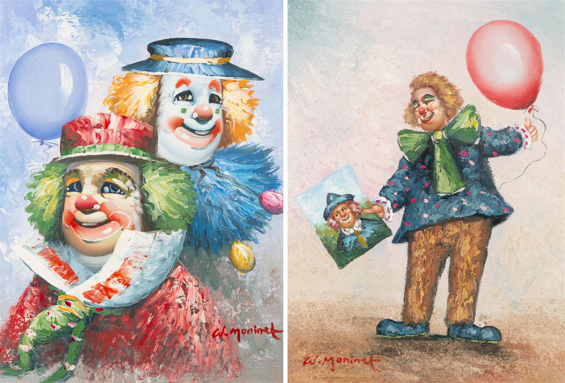William Moninet (American 1937-1999): Circus Clowns and Clown with a Balloon, pair of oils on canvas board signed 39cm x 29cm (2)