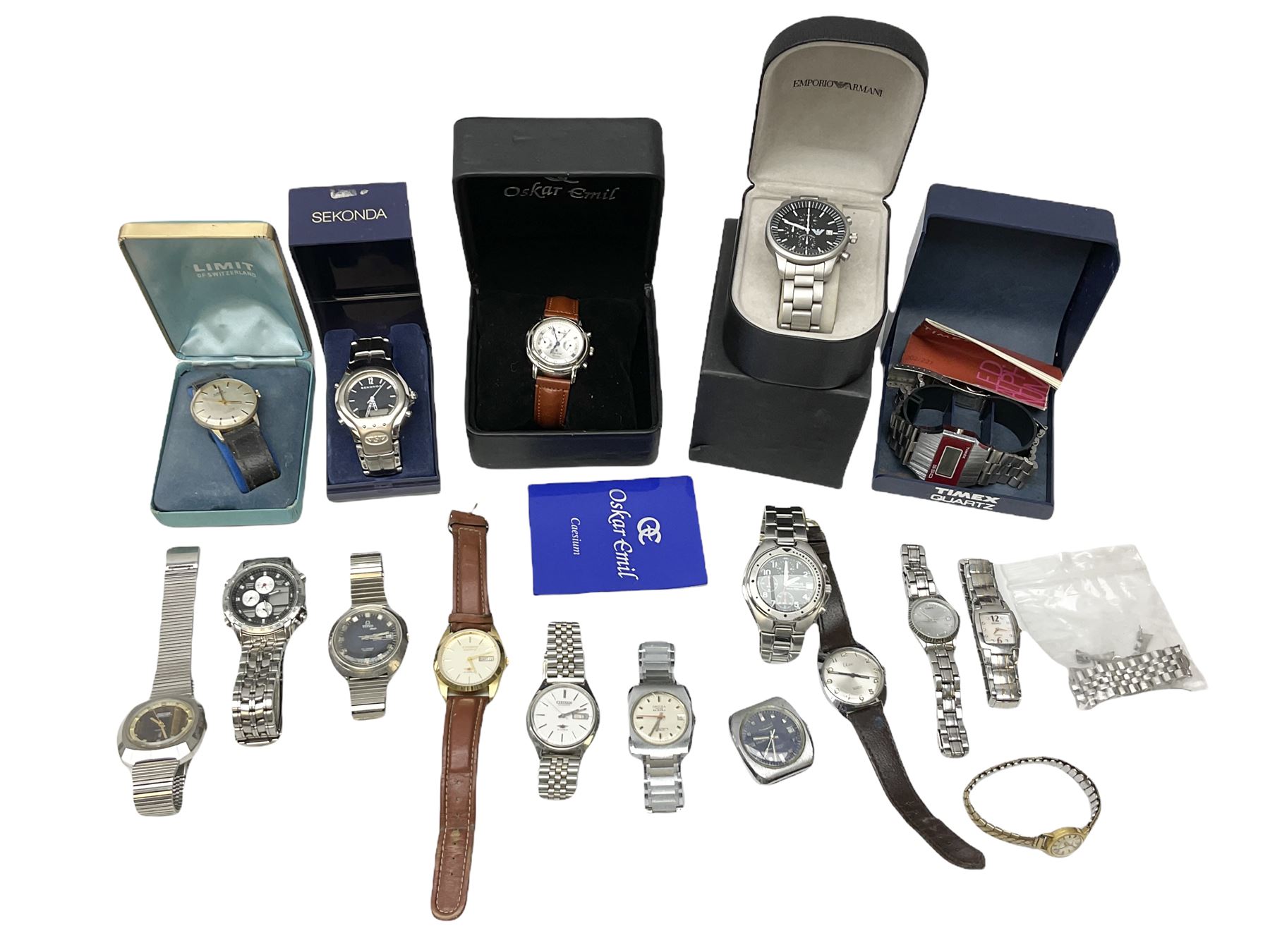 Collection of wristwatches including Accurist World Time chronograph quartz, Lorus chronograph 100m stainless steel quartz, Oskar Emil Torrini, two Citizen automatics, Seiko ladies Vivace, Titus, Limit and Tissot