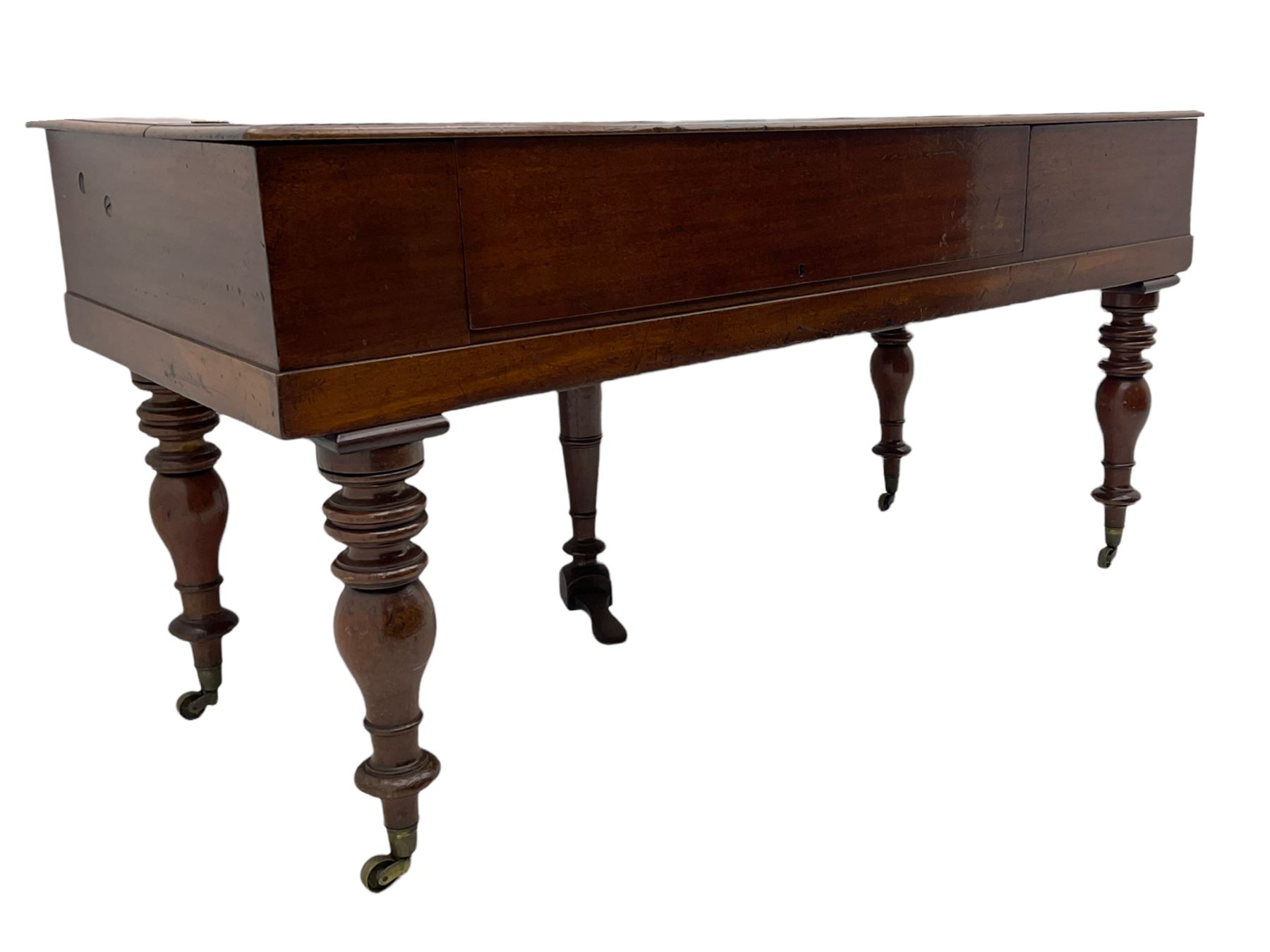 Collard & Collard - early 19th century mahogany square piano, hinged and retractable keyboard cover and lid, turned legs on brass castors