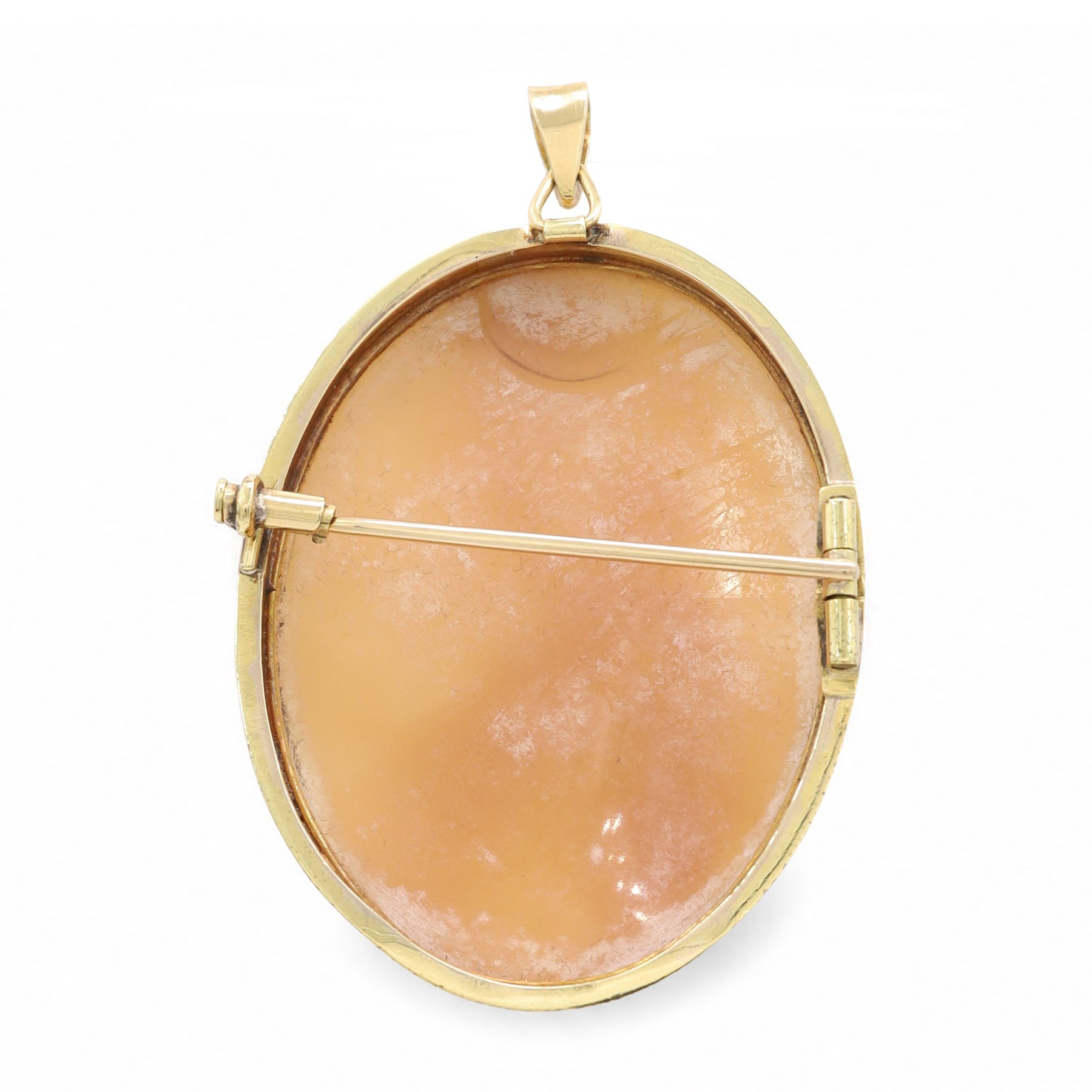 Early 20th century gold cameo pendant / brooch, depicting depicting Hebe, the goddess of youth, feeding Zeus's eagle