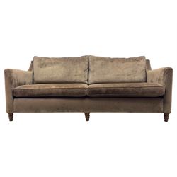 Duresta - three piece 'Finsbury' lounge suite comprising one three-seat sofa, a two-seat sofa and armchair, upholstered in mink coloured velvet, with box seat cushions and deep seat over tapered arms on short stained bun feet (Three seat H 80cm, W 207cm, D105cm, two seat H80cm, W168cm, D105cm, armchair H80cm, W89cm, D105cm)    