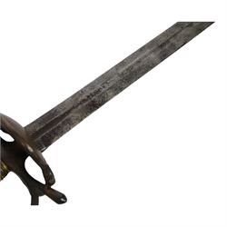 British Georgian Officers Sword, with 83cm double edged fullered blade engraved with with motifs and Osborn along with Warranted, with brass heart shaped guard and faux wire bound grip, with scabbard with twin suspension rings, overall length 100cm