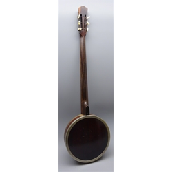  Early 20th century Alfred D. Cammeyer rosewood five-string zither banjo with chased nickel mounts and mother-of-pearl inlaid finger board, impressed The Cammeyer Music and Manufacturing Co. 97A Jermyn Street, London SW, Patent No.14721(?) with signature, inset US quarter dollar to headstock and impressed serial no.387455 L97cm  