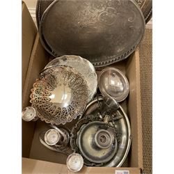 Assorted metalware, to include silver plated trays, swing handled dish, candelabra, chamber stick, selection of brass and copper, including coal bucket, toasting forks, kettles, horse brasses, etc., in two boxes 