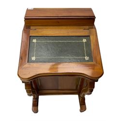 Victorian style hardwood Davenport, raised pen compartment over slop top with leather inset, four drawers to left-hand side, serpentine supports carved with flower heads