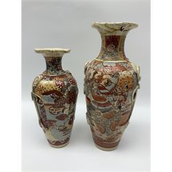 Three satsuma vases, together with a large bowl, largest vase H37cm
