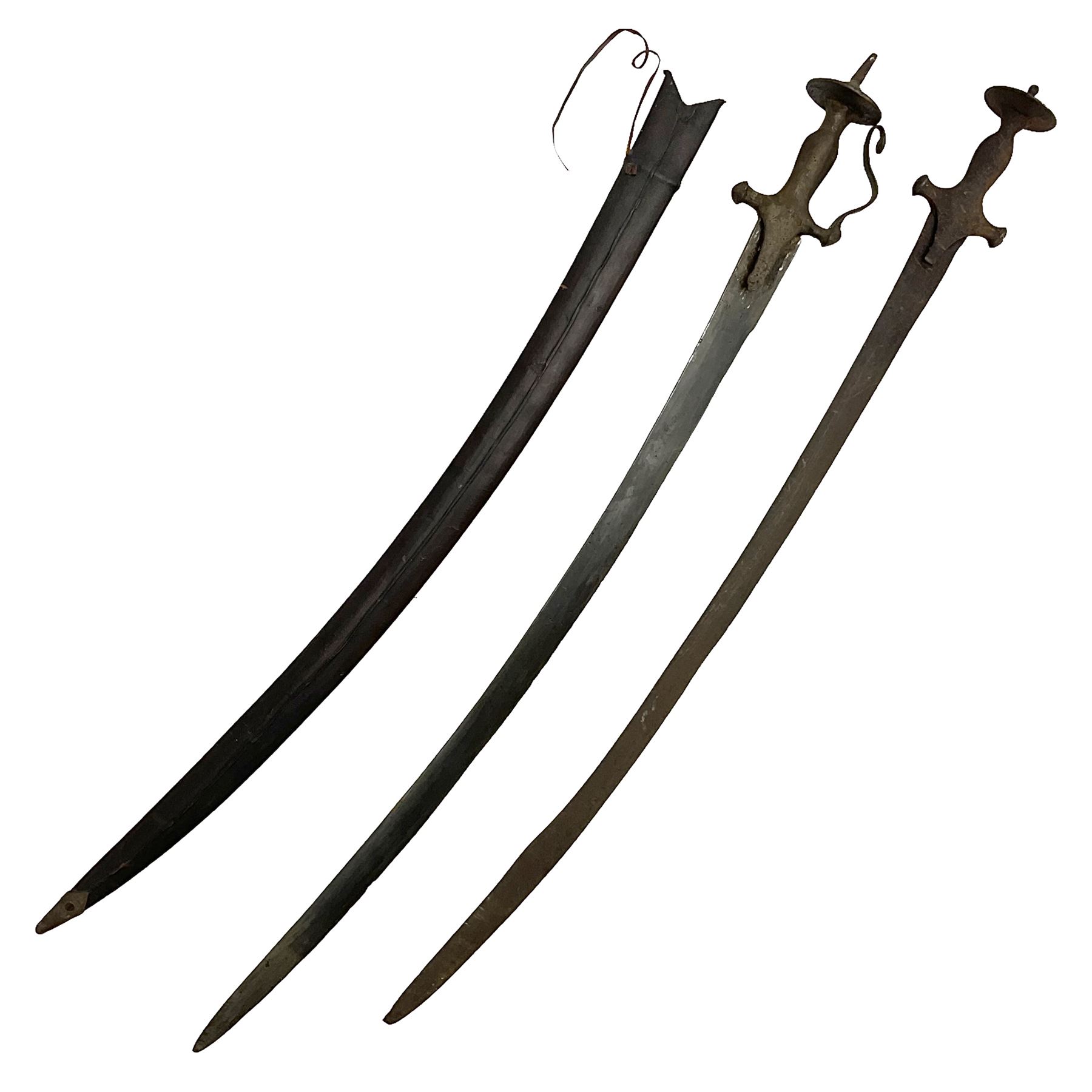 Late 19th/early 20th century Indian Tulwar sword with 81cm plain curving steel blade and iron hilt with extended langets, knucklebow and spiked pommel; in leather covered scabbard L100cm overall; and another Tulwar lacking scabbard in almost relic condition (2)