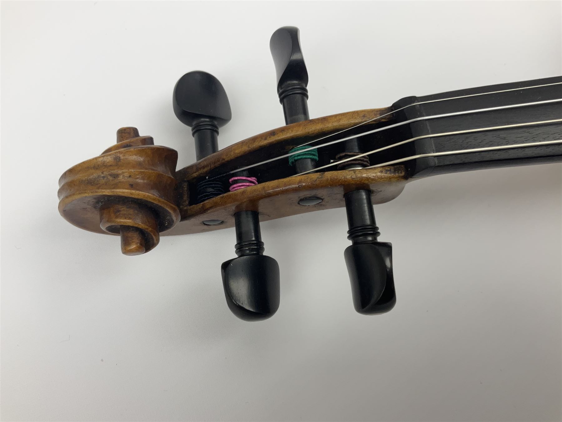 German Saxony violin c1900 with 35.5cm two-piece medium grain maple back and ribs and medium grain spruce top; bears label 'Jacobus Stainer in Absam prope Oenipontum 17xx Made in Germany', 59.5cm overall; with modern bow (2)