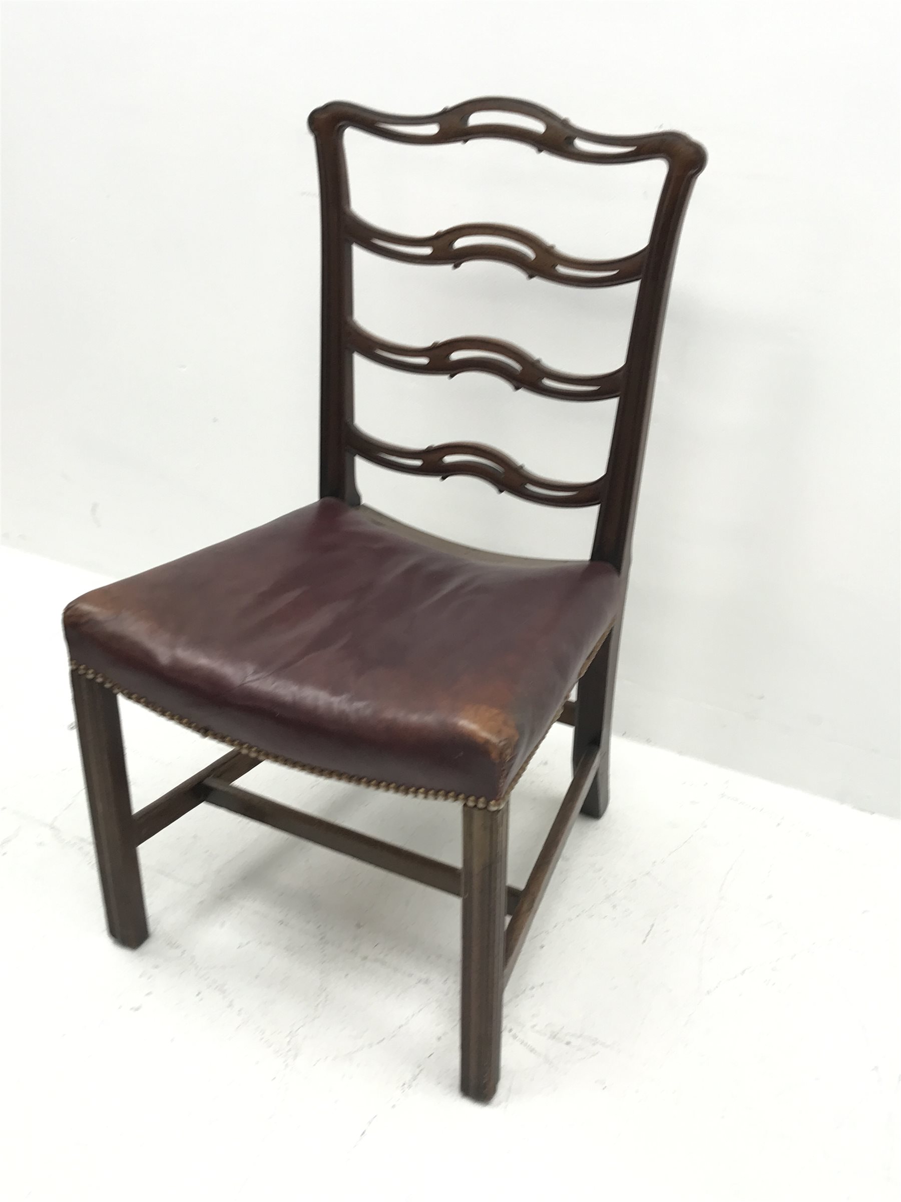 Georgian mahogany Chippendale style chair, moulded frame with pierced and waved slat back, dished leather upholstered seat with stud work, on moulded square supports jointed by stretchers, seat width - 53cm, seat height - 45cm