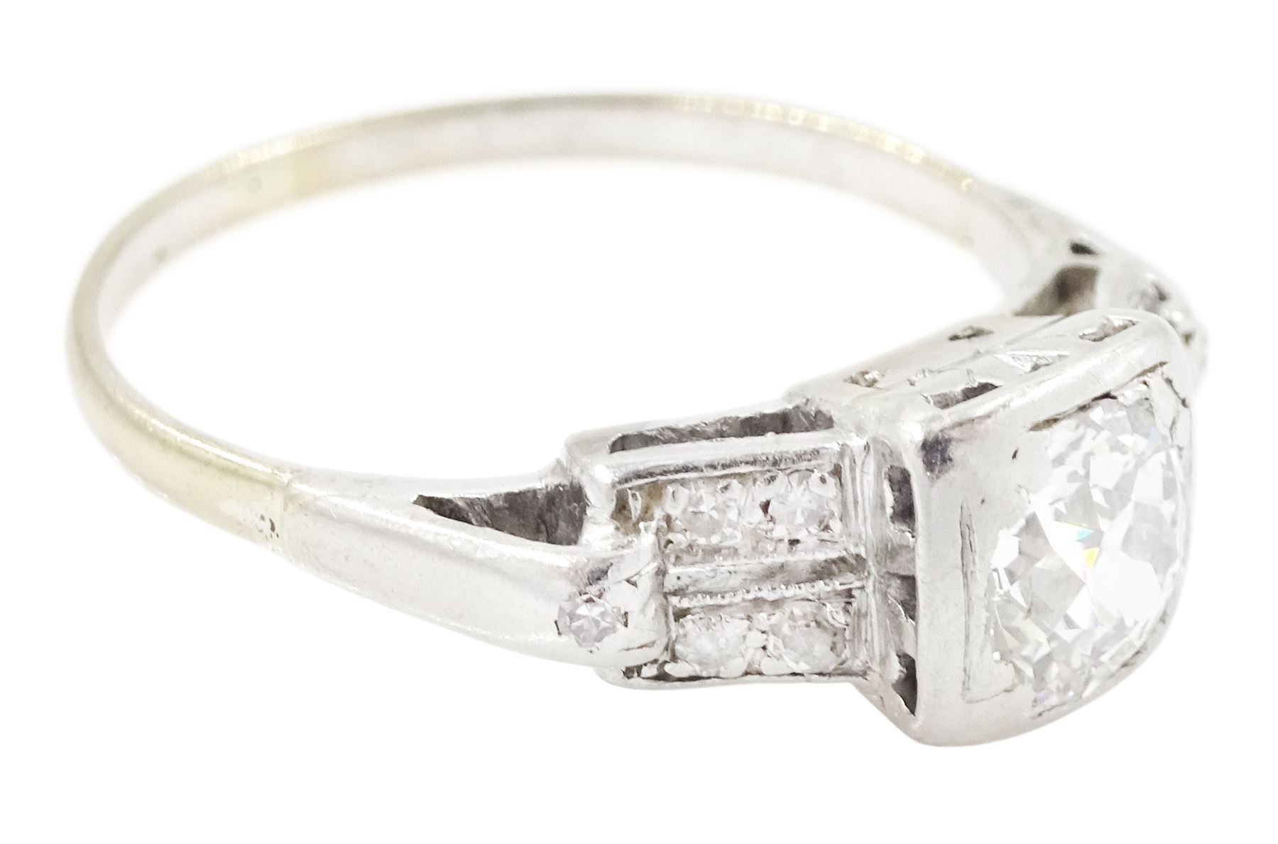 Art Deco gold and platinum diamond ring, single square set old cut diamond of approx 0.70 carat, with split design old cut diamond shoulders
