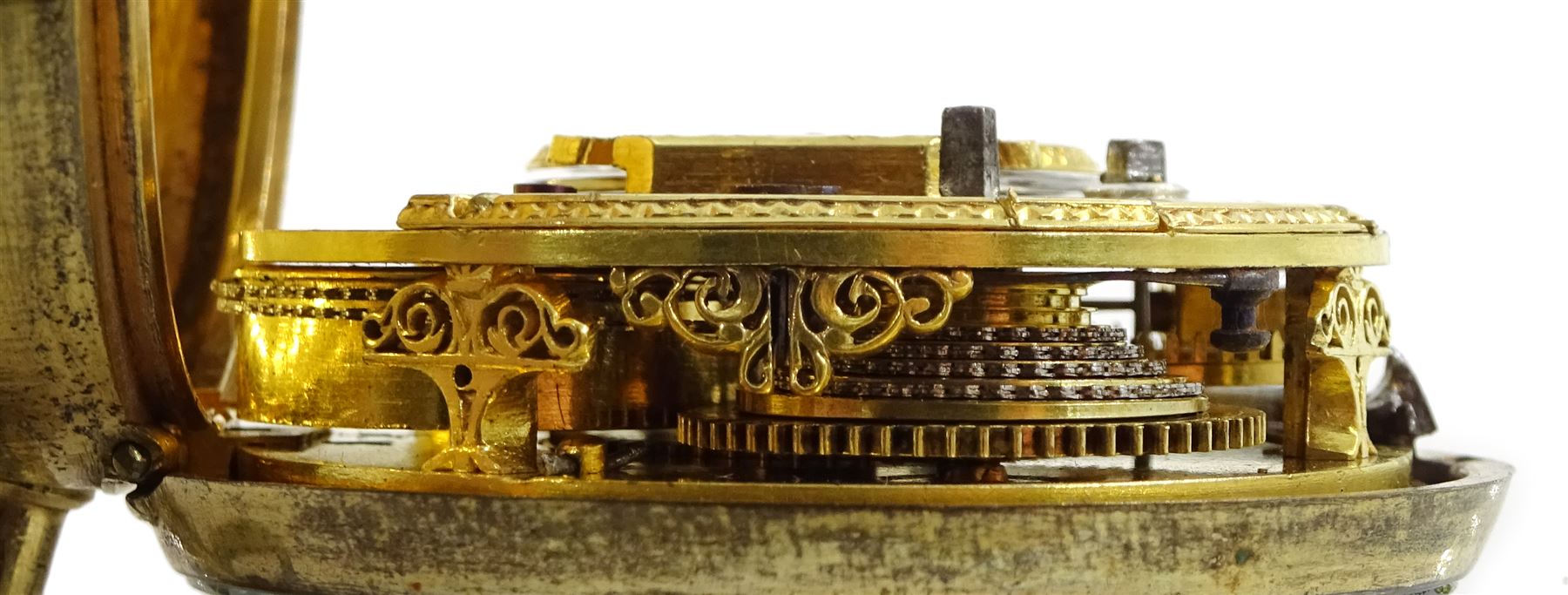 George III gilt metal, triple cased verge fusee pocket watch, for the Turkish market by Benjamin Barber, London, No. 6187, tulip pillars, pierced and engraved balance cock decorated with a classical urn, white enamel dial with Turkish numerals, the outer tortoiseshell case, with pique work borders