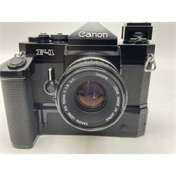 Canon F1 camera body, serial no. 136281, with 'Canon FD 50mm 1:1.8 S.C' lens, serial no.1702944 and Canon F Power winder, serial no.120072