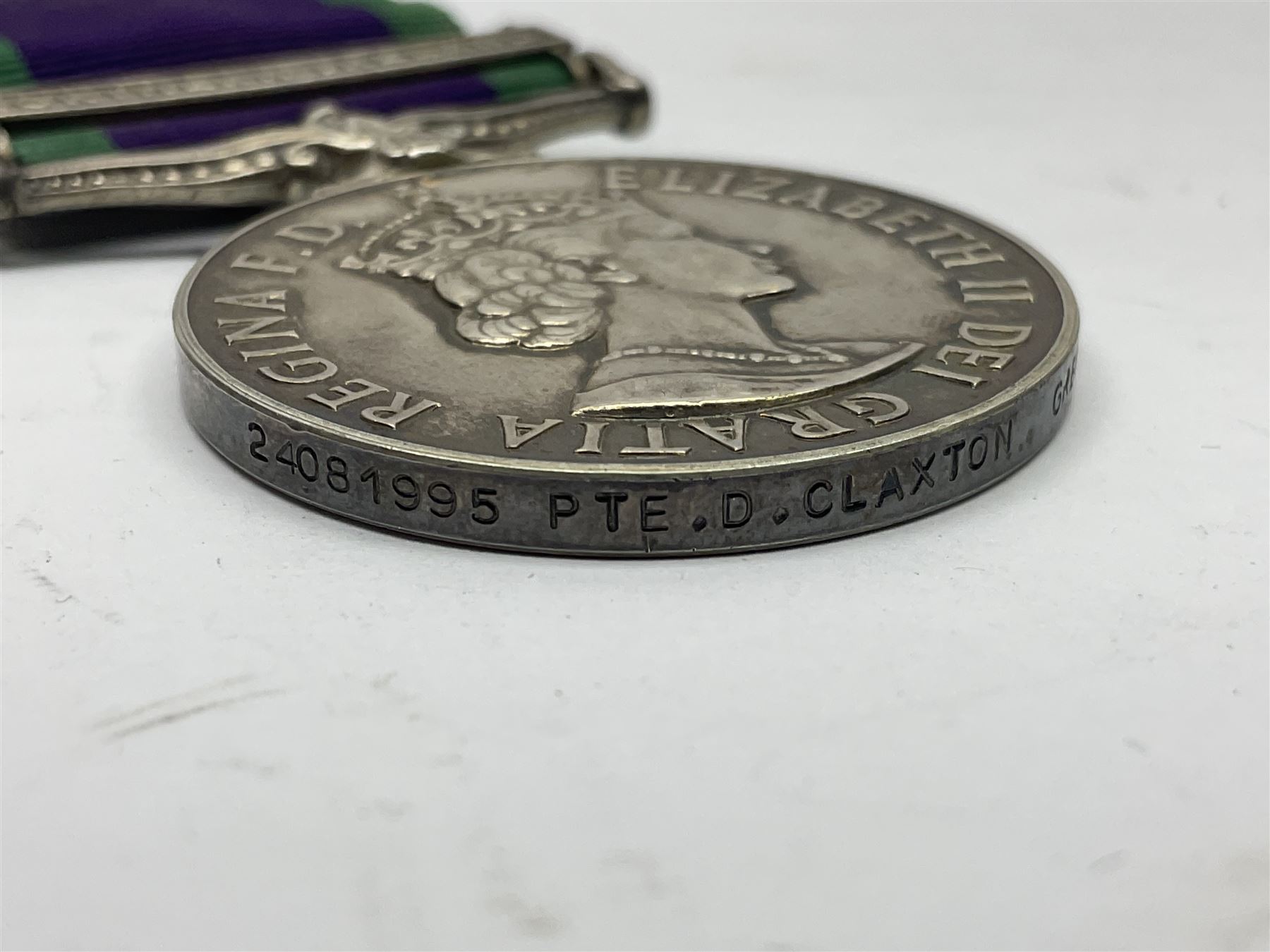 Elizabeth II General Service Medal with Northern Ireland clasp awarded to 24081995 Pte. D. Claxton Green Howards; with ribbon