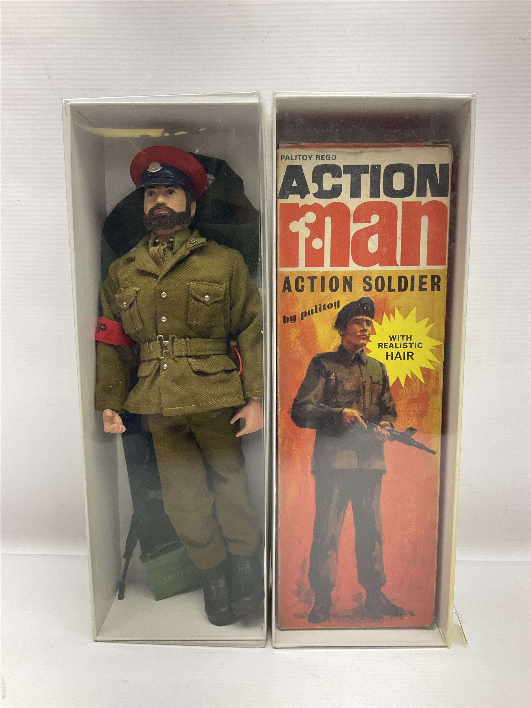 Palitoy Action Man Action Soldier No.34014 with tunic, belt, trousers, boots, blue beret and sten gun; in original box; and Palitoy Action Man Royal Military Policeman (RMP) gripping hands figure, marked 'Made in England by Palitoy under licence from Hasbro © 1964' to rear of torso; with tunic, shirt, trousers, tie, boots, belt, truncheon, pistol in holster, MP armband, red cap, Sterling machine gun and other clothing etc; in anrelated display box (2)