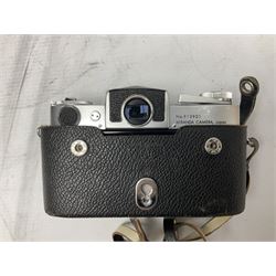 Miranda Sensorex camera body, Miranda Sensorex II camera body with 'Auto Miranda 1:1.8 f-59mm' lens, 'Auto Miranda 1:2.8 f-135mm' lens, 'Auto Miranda 1:3.5 f-200mm' lens, 'Auto Miranda 1:2.8 f-28mm' len, Agfa plate camera with 9cm x 12cm plates and other camera equipment including Miranda camera bag