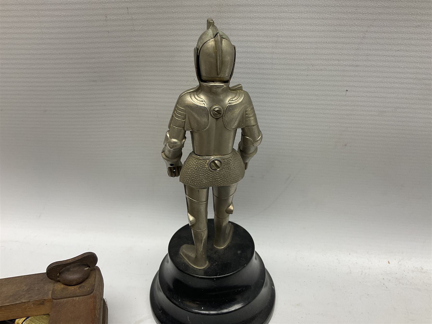 Walking cane, tennis racket, cricket ball (signed) and knight novelty cigarette lighter 